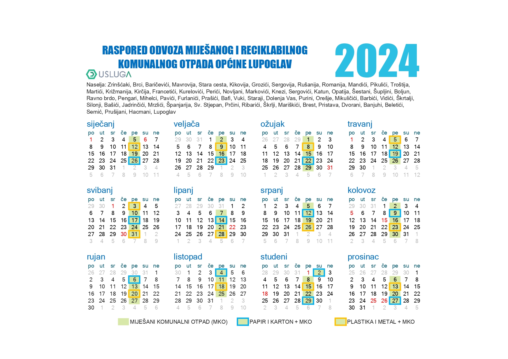 Raspored odvoza komunalnogotpada za 2024 godinu