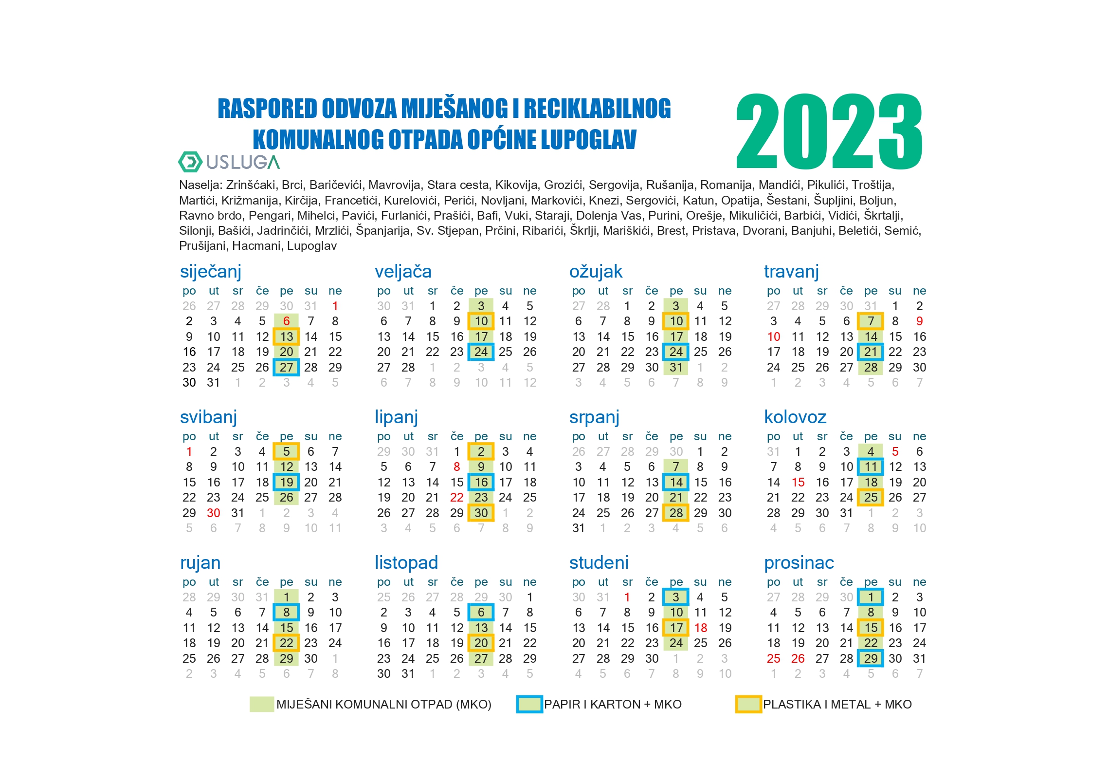 Raspored odvoza mijesanog i reciklabilnog otpada za 2023. godinu page 0001